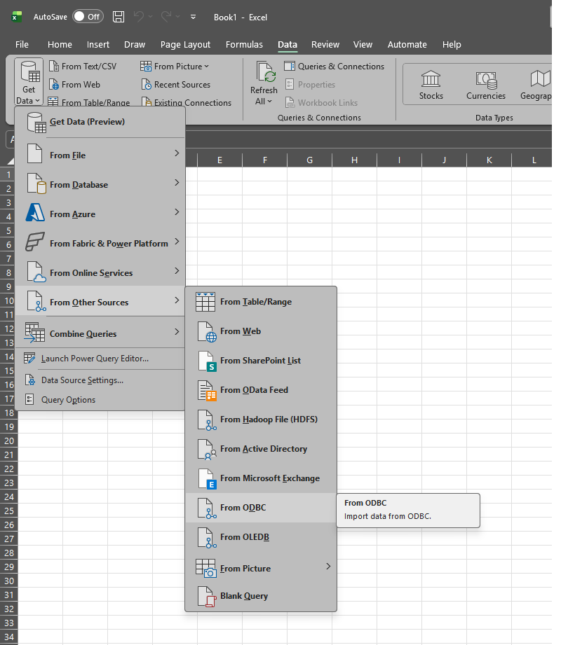 Excel: Data tab with Get Data menu highlighted