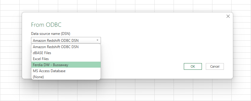 Excel: Choose data source dialog showing database options