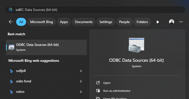 ODBC Data Sources: System DSN tab with Add button