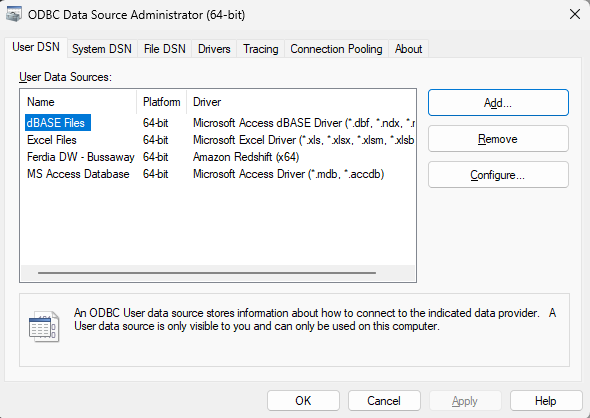 ODBC: Select Amazon Redshift ODBC driver dialog