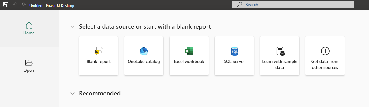 Power BI: Home ribbon with Get Data and ODBC option