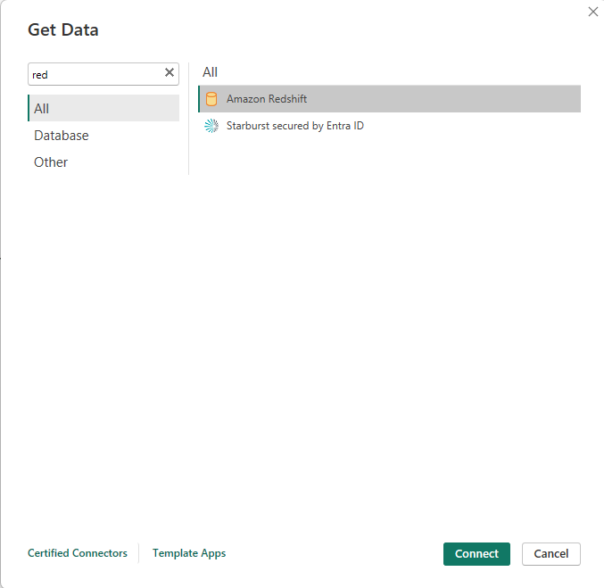Power BI: From ODBC dialog showing available DSNs